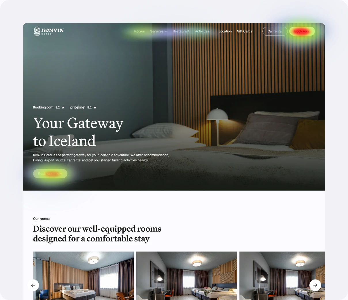 Heatmap overlay on a hotel website mockup showing where visitors click and scroll