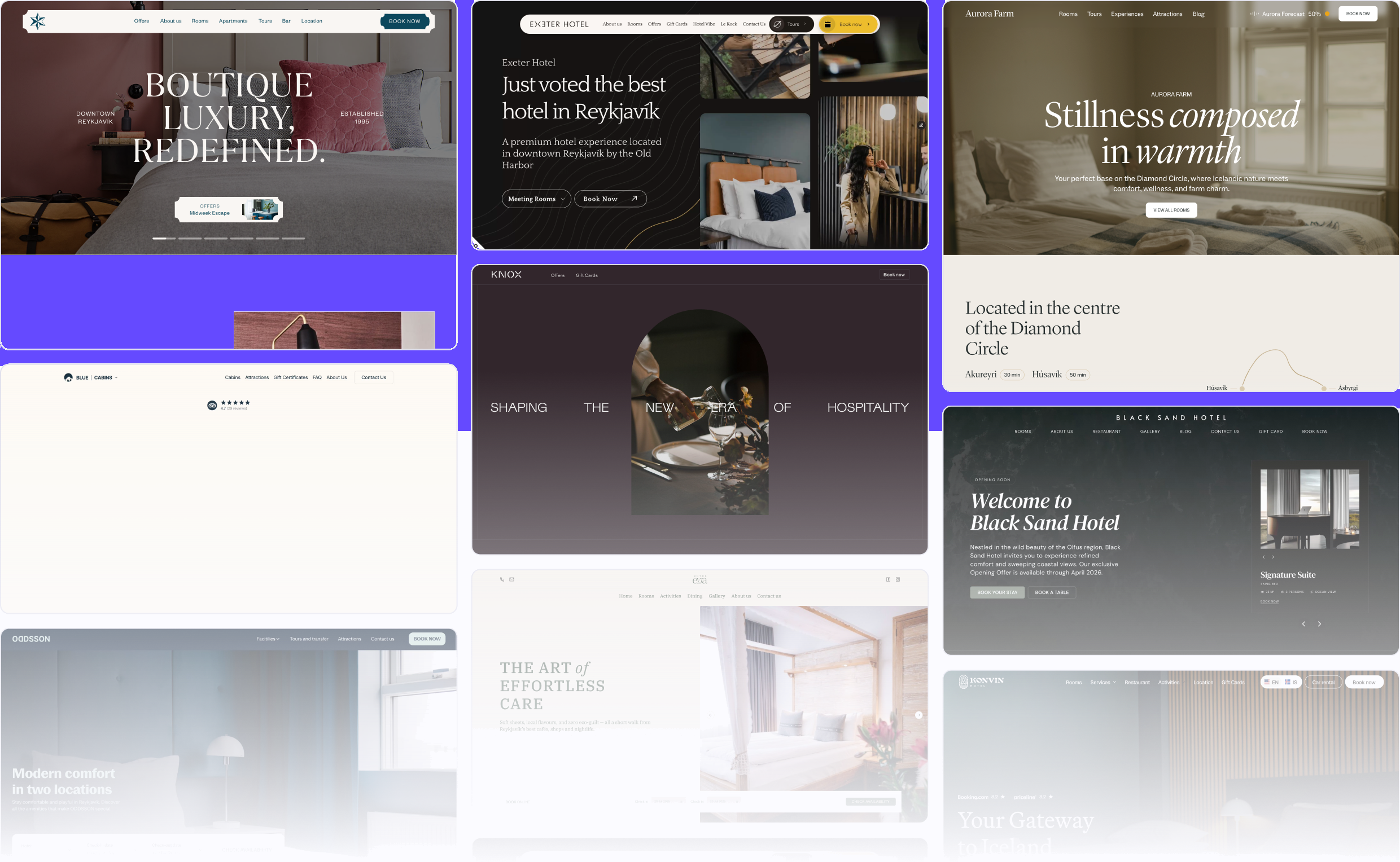Collage of bespoke hotel websites designed and built by Hitels